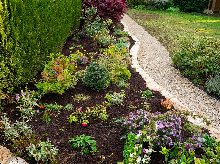 Jardin paysager avec massif de vivaces et arbustes sur lit de paillis organique sombre, bordé d'une allée en gravier concassé délimitée par une bordure en pierre calcaire