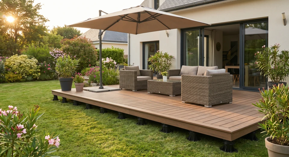 Photographie réaliste d'une terrasse sur plots en bois composite ou pierre reconstituée, légèrement surélevée dans un jardin verdoyant. La terrasse est meublée avec du mobilier extérieur confortable (fauteuils, table). Des plantes et massifs paysagers entourent l'espace. Le jour est ensoleillé, l'ambiance chaleureuse et accueillante. La scène montre clairement comment la terrasse transforme l'espace en lieu de vie agréable et fonctionnel pour profiter du jardin en toute saison.