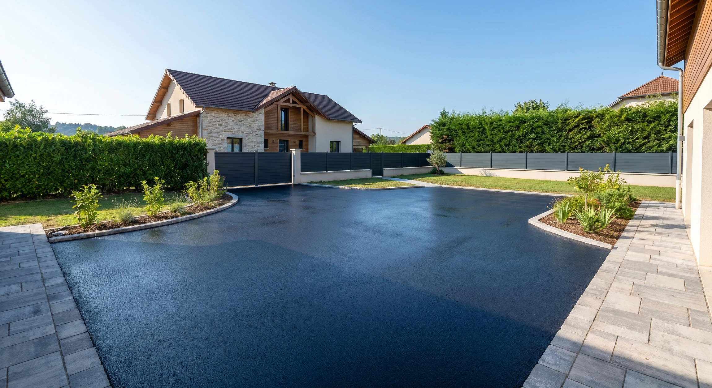 Photographie d'une cour résidentielle spacieuse avec un enrobé bitumineux noir neuf et bien régulier, parfaitement lissé, couvrant le sol de la cour. La cour est délimitée par des clôtures en panneaux rigides ou aluminium et des végétations à l'arrière-plan. Une maison moderne est visible en arrière-plan. La photo est prise de jour, avec un ciel dégagé, mettant en évidence la qualité et la finition impeccable de l'enrobé.
