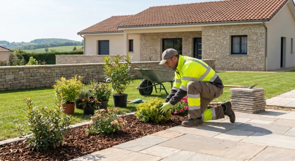 Chantier d'aménagement paysager montrant un paysagiste professionnel en train de créer ou d'aménager un espace extérieur résidentiel avec des éléments comme des plantations, des arbustes en cours de mise en place, un terrassement finalisé accueillant des plantations, ou la création d'une zone paysagée avec soin du détail. L'image doit montrer un travail de finition et d'embellissement d'un espace extérieur, pas du terrassement brut ou des engins lourds.
