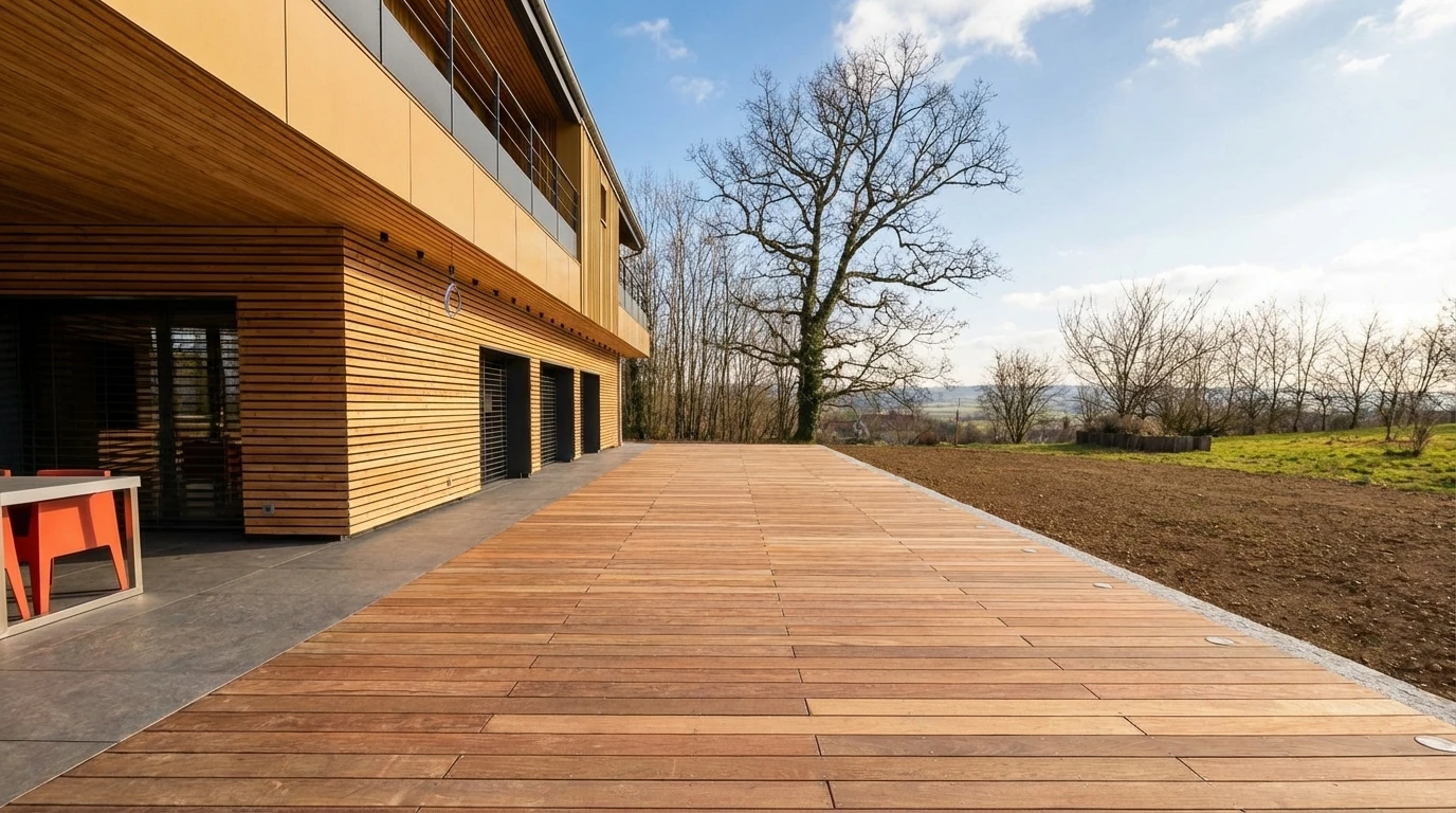 Terrasse extérieure contemporaine en bois massif, jouxtant un bâtiment à bardage bois horizontal