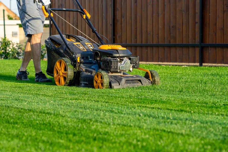 Femme utilisant un broyeur de végétaux électrique dans un jardin ensoleillé, portant équipements de protection individuelle